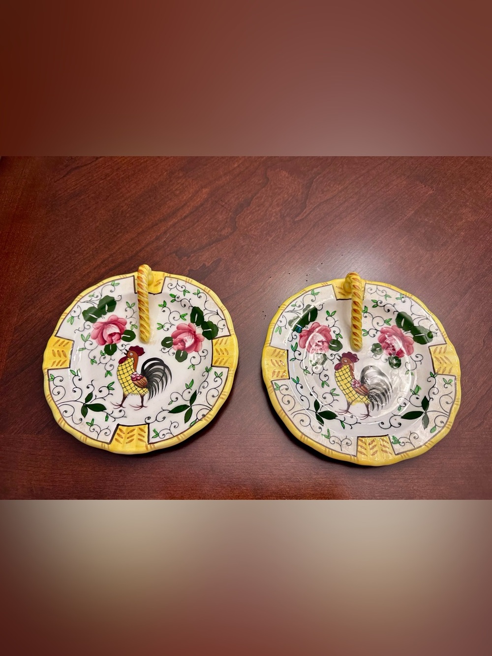 Vintage PY Japan Rooster & Roses Divided Candy Nut Dish Set